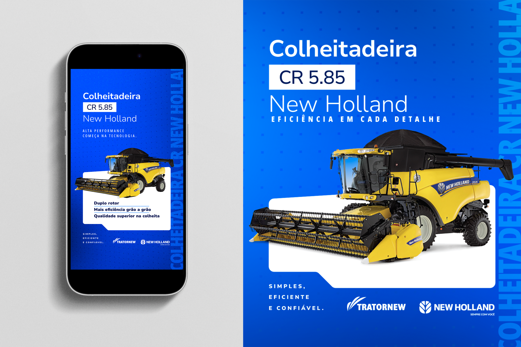 Mockup da Campanha Colheitadeiras no iPhone e Material Impresso